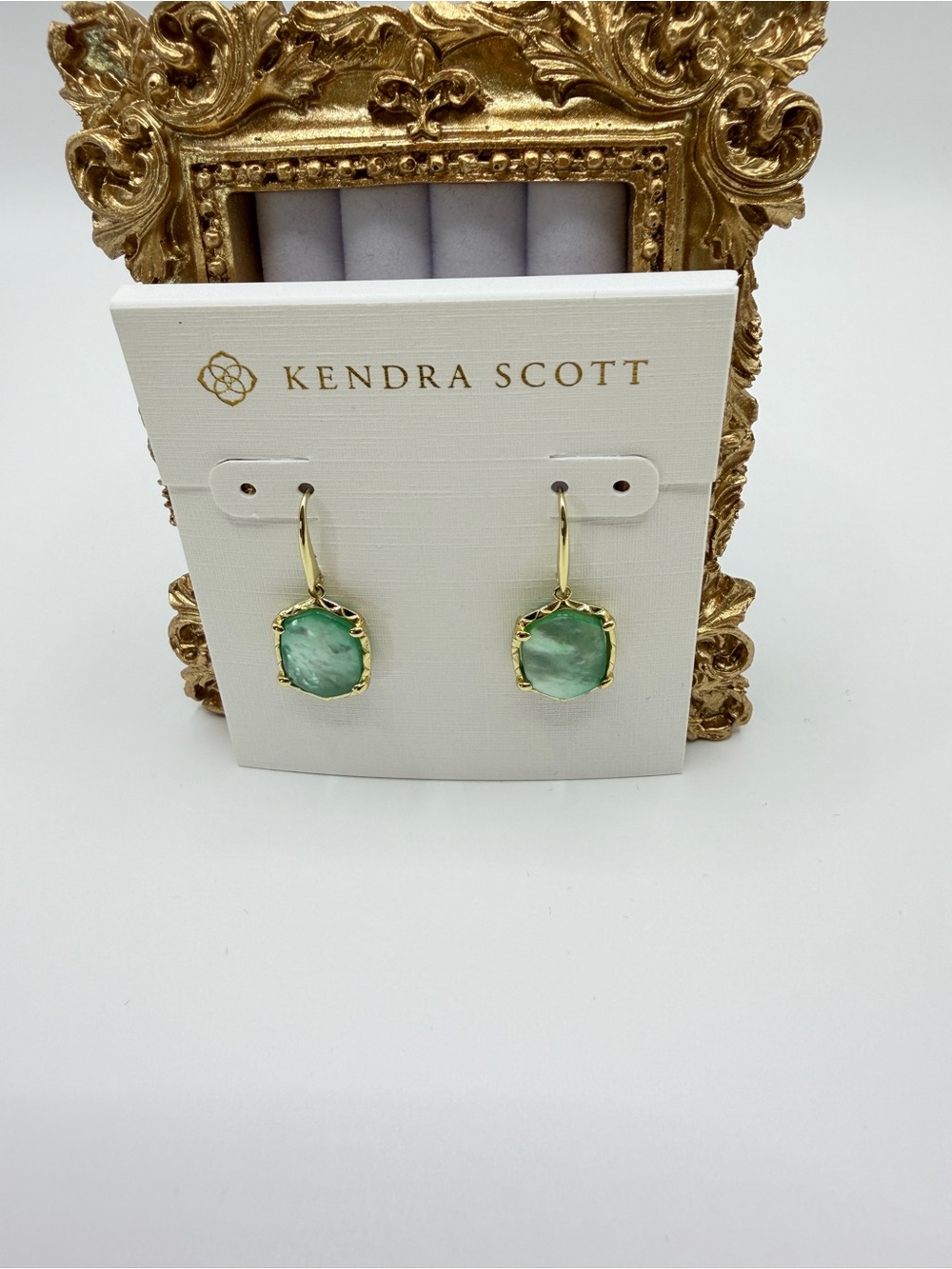 Kendra Scott Gold-Tone Drop Earrings with Light Green Stones - Picture 6 of 6